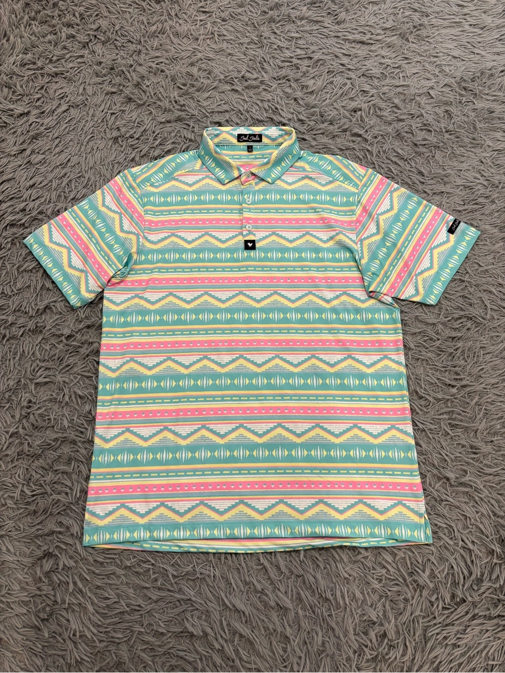 Bad Birdie Shirt Men Multicolor Large Aztec Southwestern Print Short Sleeve Polo